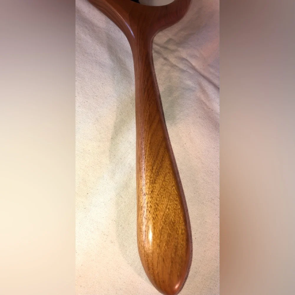 Wooden Round Long Handled Hand Mirror-Handcrafted/vintage 1980s -16.5” long